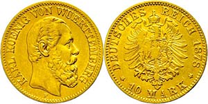 Württemberg 10 Mark, 1878, Karl, very ... 