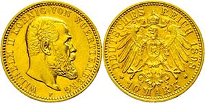 Württemberg 10 Mark, 1898, Wilhelm II., f. ... 