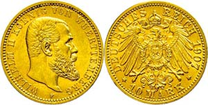 Württemberg 10 Mark, 1907, Wilhelm II., f. ... 