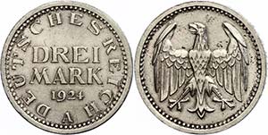 Münzen Weimar 3 Mark, 1924 A, Weimarer ... 
