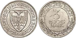 Münzen Weimar 3 Reichsmark, 1926 A, 700 ... 