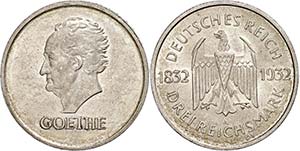 Münzen Weimar 3 Reichsmark, 1932, Goethe, ... 