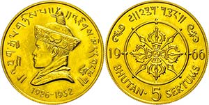 Bhutan 5 Sertums (40, 01g), Gold, 1966, ... 