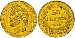 France 20 Franc, 1844 W (Lille), Gold, louis ... 