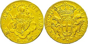 Italy Genoa, 96 liras, Gold, 1793, madonna ... 