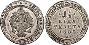 Italy Venice, 1 + lira, 1802, Francesco II., ... 