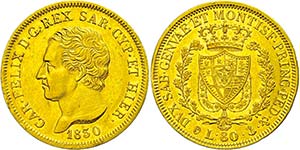 Italy Sardinia, 80 liras, Gold, 1830, Karl ... 