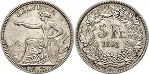 Schweiz 5 Franken, 1851, HMZ 2-1197b, kl. ... 
