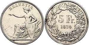 Switzerland 5 Franc, 1874, HMZ 2-1197d, ... 