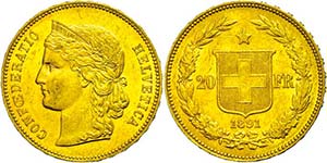 Switzerland 20 Franc, Gold, 1891, Fb. 495, ... 