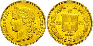 Switzerland 20 Franc, Gold, 1894, B, Fb. ... 