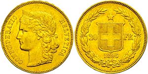 Switzerland 20 Franc, Gold, 1895, B, Fb. ... 