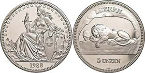 Switzerland Lucerne, 5 Ounce, silver, 1988, ... 
