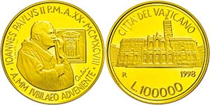 Vatican 10000 liras, Gold, 1998, Johannes ... 