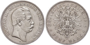 Hesse 5 Mark, 1876, Ludwig III., margin ... 