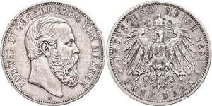Hessen 5 Mark, 1891, Ludwig IV., ss., ... 