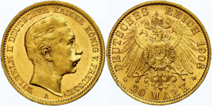 Preußen 20 Mark, 1908, Wilhelm II., vz., ... 