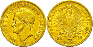 Sachsen 20 Mark, 1873, Johann, Randfehler, ... 