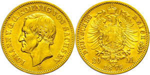 Saxony 20 Mark, 1873, Johann, margin fault, ... 
