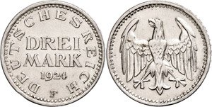 Münzen Weimar 3 Mark, 1924, F, ss-vz., ... 