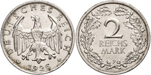 Münzen Weimar 2 Reichsmark, 1926, F, vz., ... 
