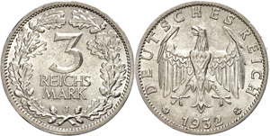 Münzen Weimar 3 Reichsmark, 1932, J, wz. ... 