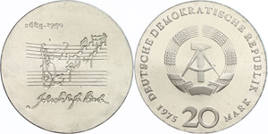 Münzen DDR 20 Mark, 1975, Bach, vertiefte ... 