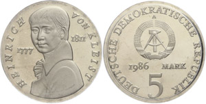 Münzen DDR 5 Mark, 1986, von Kleist,  PP in ... 