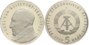 Münzen DDR 5 Mark, 1989, von Ossietzky,  PP ... 