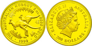 Australia 200 dollars, Gold, 1999, kangaroo, ... 