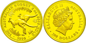 Australia 200 dollars, Gold, 1999, kangaroo, ... 