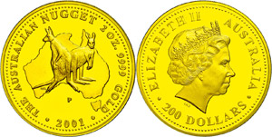 Australia 200 dollars, Gold, 2001, kangaroo, ... 