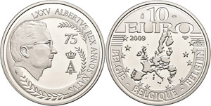 Belgium 10 Euro, 2009, 75. birthday of King ... 