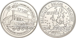 Belgium 5 Euro, 2010, 175 years railroad in ... 