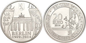Belgium 20 Euro, 2014, case the Berlin wall, ... 
