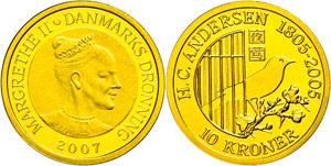 Denmark 10 coronas, Gold, 2007, nightingale ... 