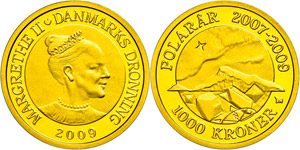 Denmark 1000 coronas, Gold, 2009, aurora ... 