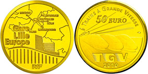 France 50 Euro, Gold, 2010, railroad in ... 