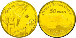 France 50 Euro, Gold, 2011, railways in ... 