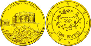 Greece 100 Euro, Gold, 2004, acropolis in ... 