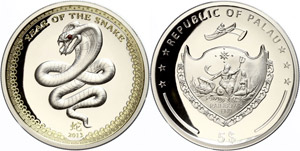 Palau 5 dollars, 2013, Year of the Snake, 1 ... 