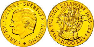 Sweden 1000 coronas, Gold, 1988, sailing ... 