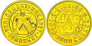 Sweden 1000 coronas, Gold, 1989, ice hockey ... 