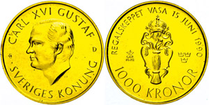 Sweden 1000 coronas, Gold, 1990, coat of ... 