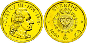 Sweden 1000 coronas, Gold, 1992, 200 day of ... 