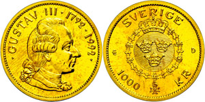 Sweden 1000 coronas, Gold, 1992, 200. day of ... 