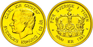 Sweden 1000 coronas, Gold, 1993, 20 years ... 