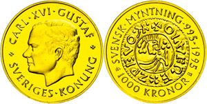 Sweden 1000 coronas, Gold, 1995, silver ... 