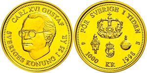 Sweden 1000 coronas, Gold, 1998, throne ... 