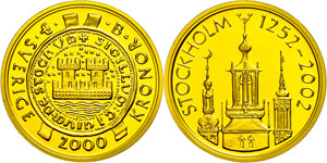 Sweden 2000 coronas, Gold, 2002, 750 years ... 